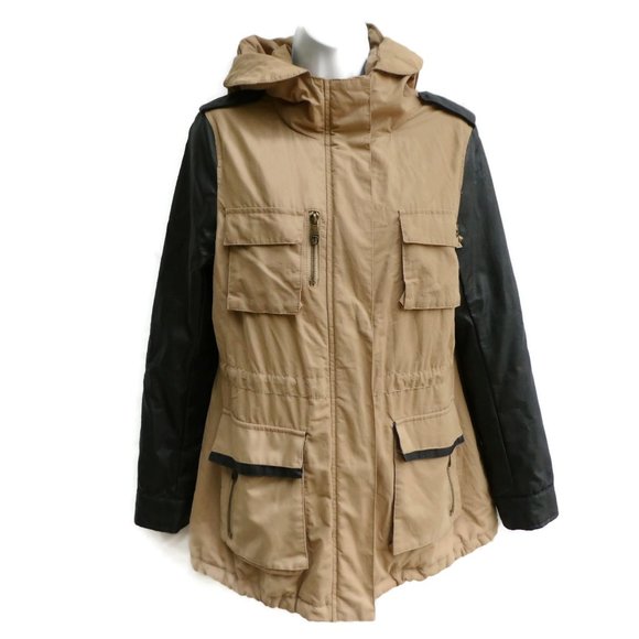 Steve Madden Jacket Cargo Safari Contrasting Faux Leather Sleeves Quilted Hood M - Picture 1 of 9
